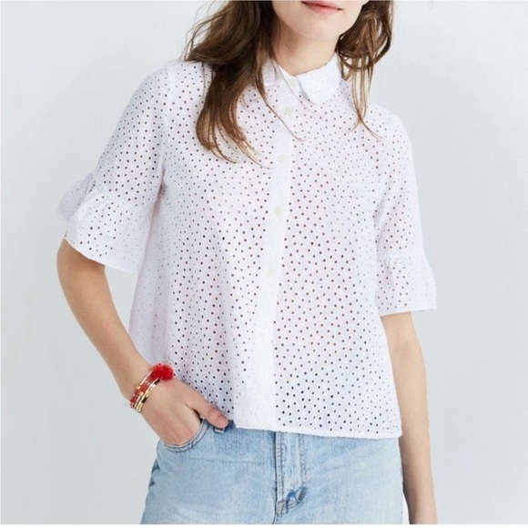 Madewell Eyelet Bell Sleeve White Buttondown Blouse - Picture 1 of 9